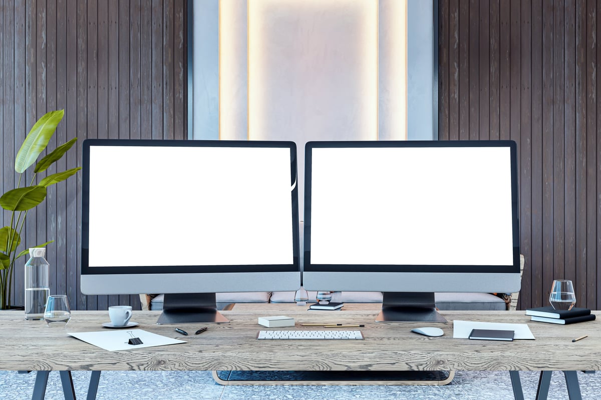 Dual computer monitor workspace setup representing virtual bookkeeping services